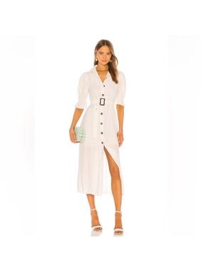 C/MEO Collective White Puff Sleeve Belted Midi Dress – Size M